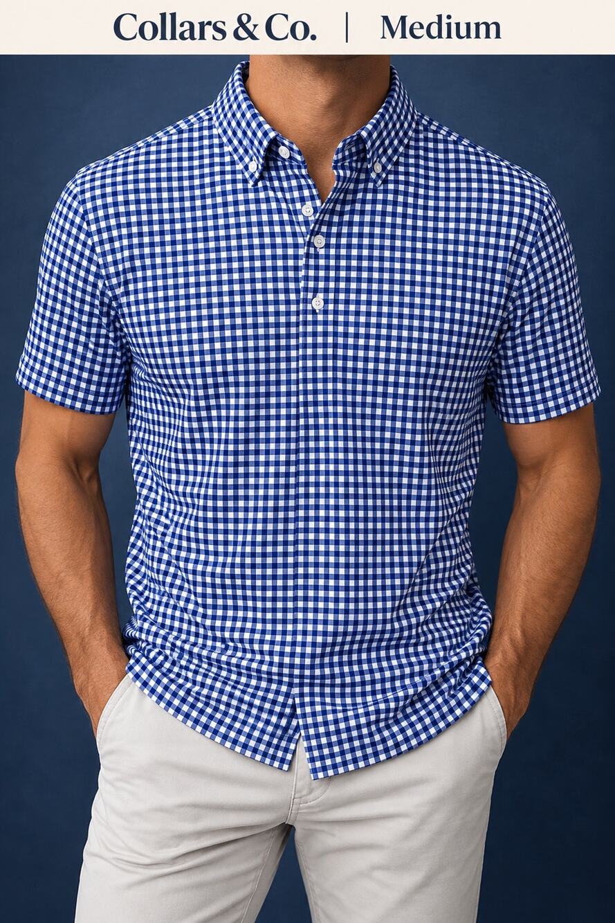 Collars & Co Dress Collar Polo Mens Blue White Gingham l Shirt Medium NWOT